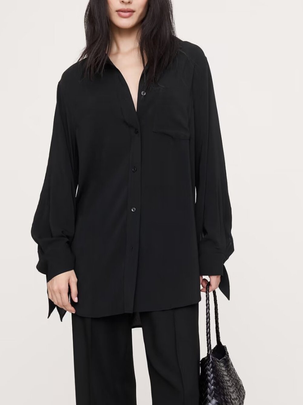 NWT Banana Republic Black Georgette Chiffon Tie-Cuff Button-Down Dress Shirt XL
